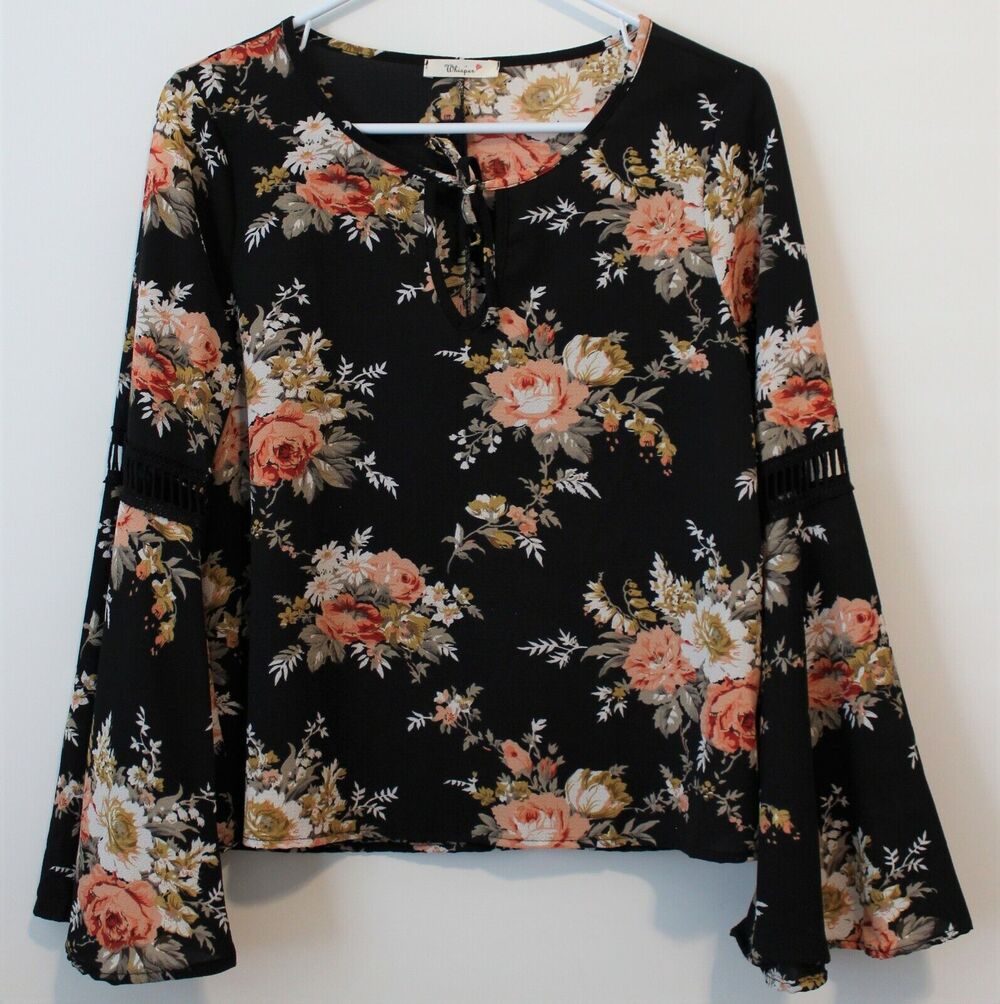 Whisper Women's Floral Black Long Sleeve Blouse Size L NWOT